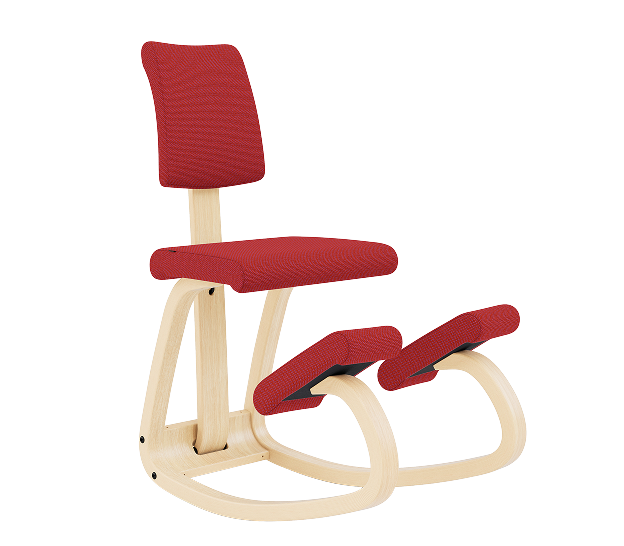 Ergonomischer Knie- und Sitzstuhl mit roter Polsterung und Holzgestell