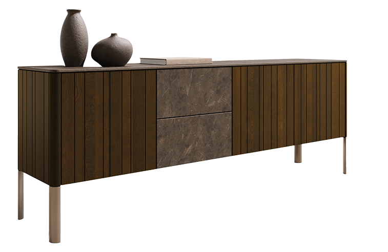 Helles Sideboard im Landhausstil mit vier Türen und dunkler Holzplatte