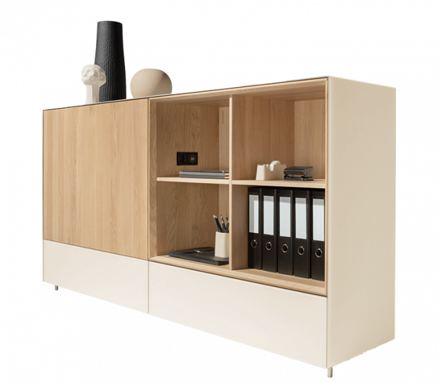 Kompakter Schreibtisch in grauer Holzoptik mit Schubladen und Ablagefächern